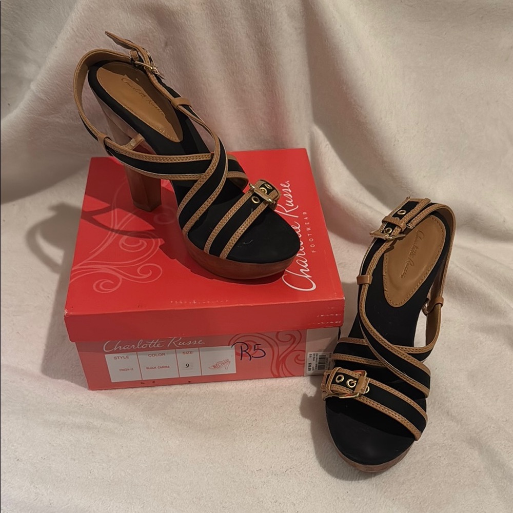 Charlotte Russe Black and Tan Strappy Heels